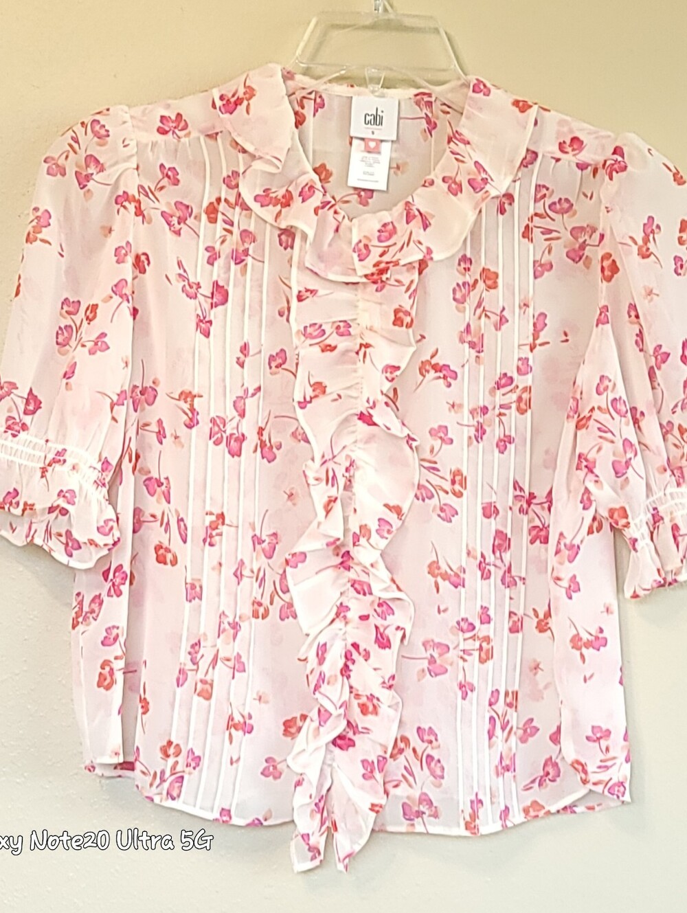 CAbi Cherish Blouse Ruffled Pink Floral Semi Sheer Top Style 6715 Sz Small